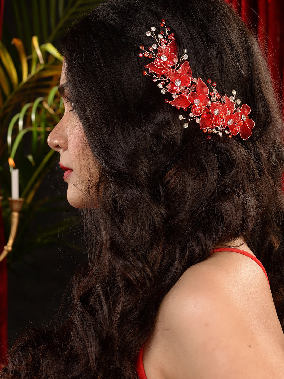 Gold Toned & Red Stocking Flowers Beaded Tiara Hair Accessory, zaveri pearls, sale price rs, sale price, sale gold plated, sale gold, sale, rubans, ring, regular price, priyassi jewellery, ku